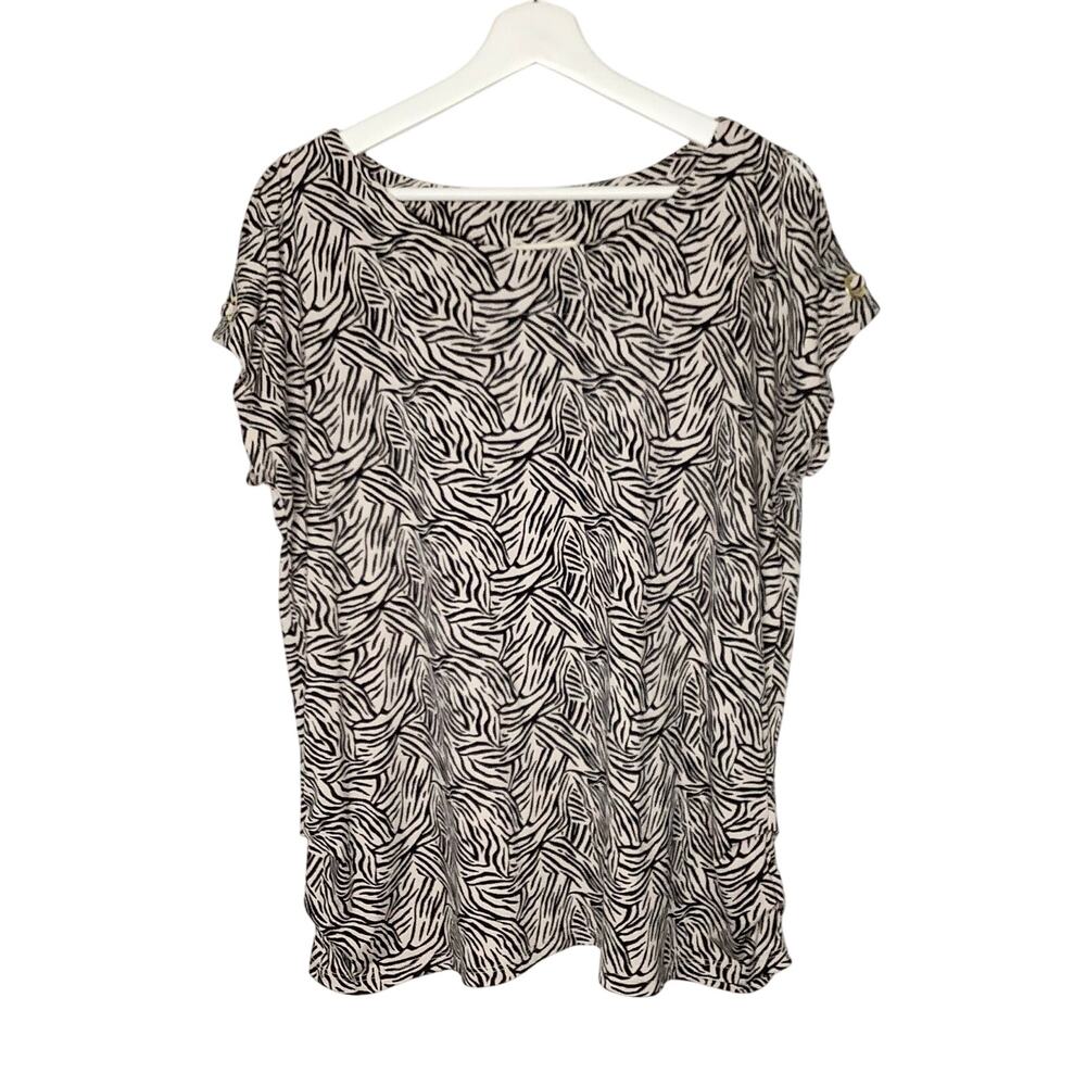 FLT Studio Cream Black Zebra Print Blouse Top Sleeve Cutout Grommet Detail XL
